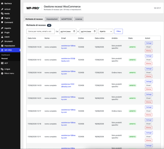 Gestione recessi WooCommerce - plugin